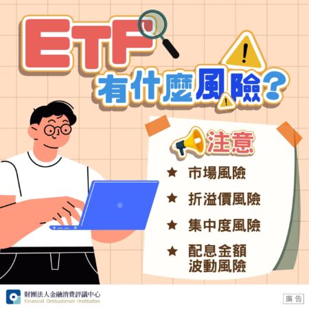 提醒大家ETF並非定存替代品，常見風險包括市場風險、折溢價風險、集中度風險等。圖／財團法人金融消費評議中心